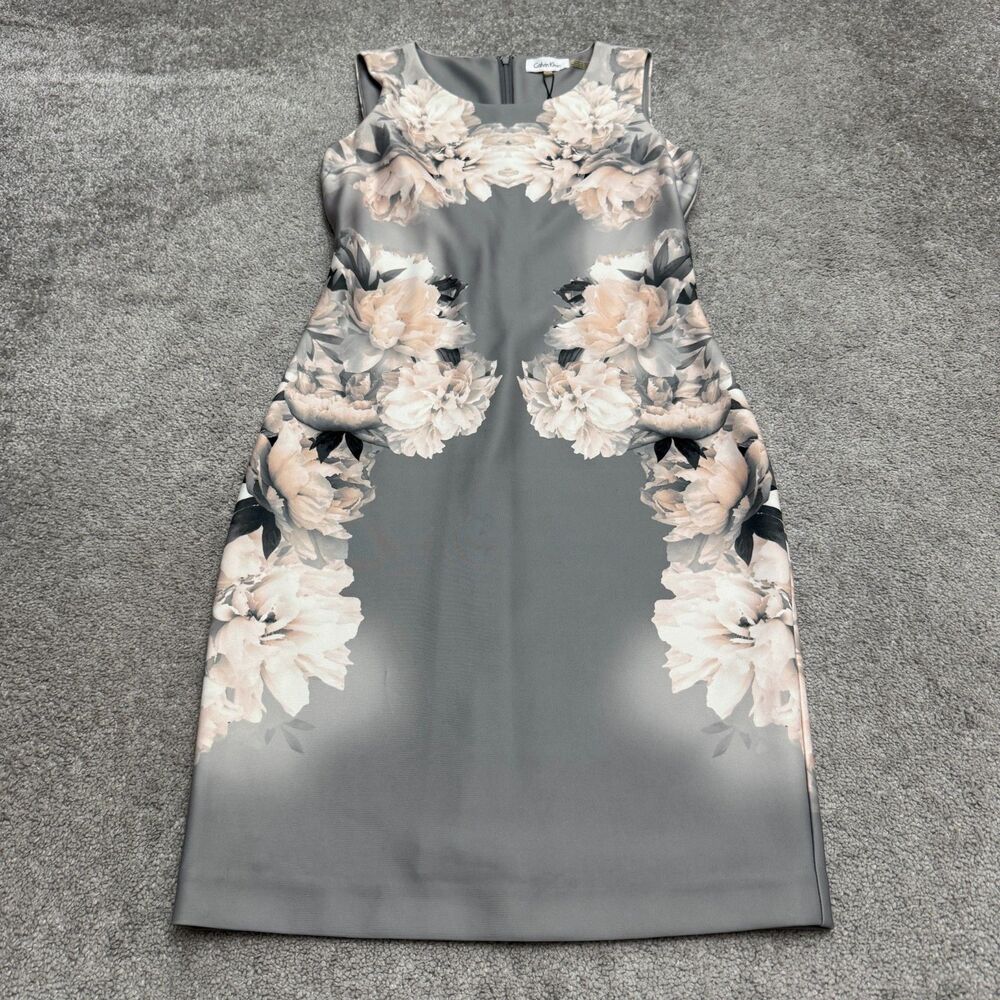 Calvin Klein Floral Scuba Crepe Sleeveless Sheath Dress Womens 6 Gray Pink NWT